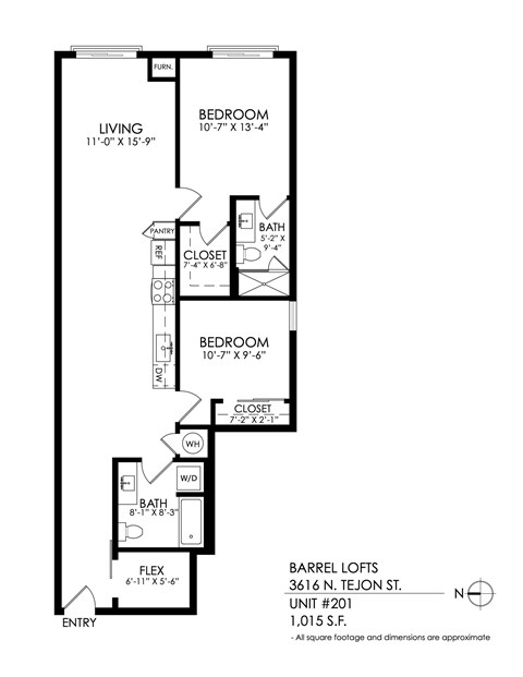 A floor plan of a one bedroom apartment with a living room, bathroom, closet, and a pantry.